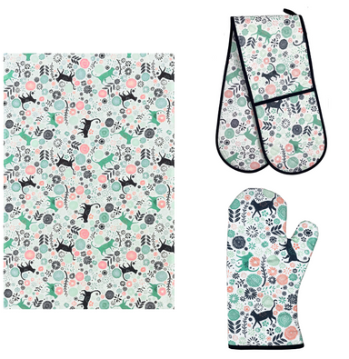 Vicky Yorke Matching Cats Oven Gloves, Gauntlet and Tea Towel - Gift Set Kitchen