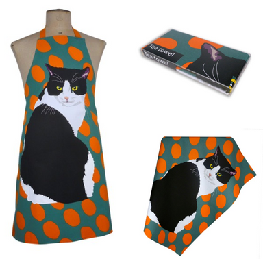 Black and White Cat Tea Towel and matching Black and White Cat Apron by Leslie Gerry - Gift Set