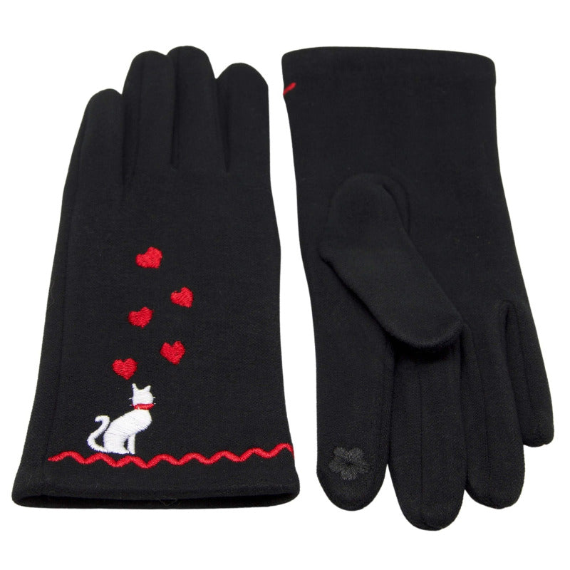 Soft Feel Cat Design Black Ladies Embroidered Gloves