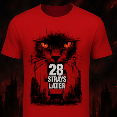 Red t-shirt with a graphic of a cat and text '28 Strays Later' on a dark background