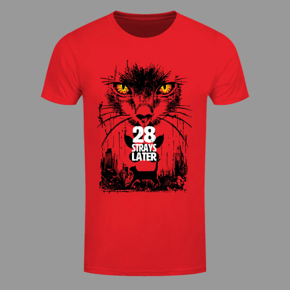 Red t-shirt with a graphic of a cat and text '28 Strays Later' on a gray background