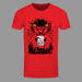 Red t-shirt with a graphic of a cat and text '28 Strays Later' on a gray background