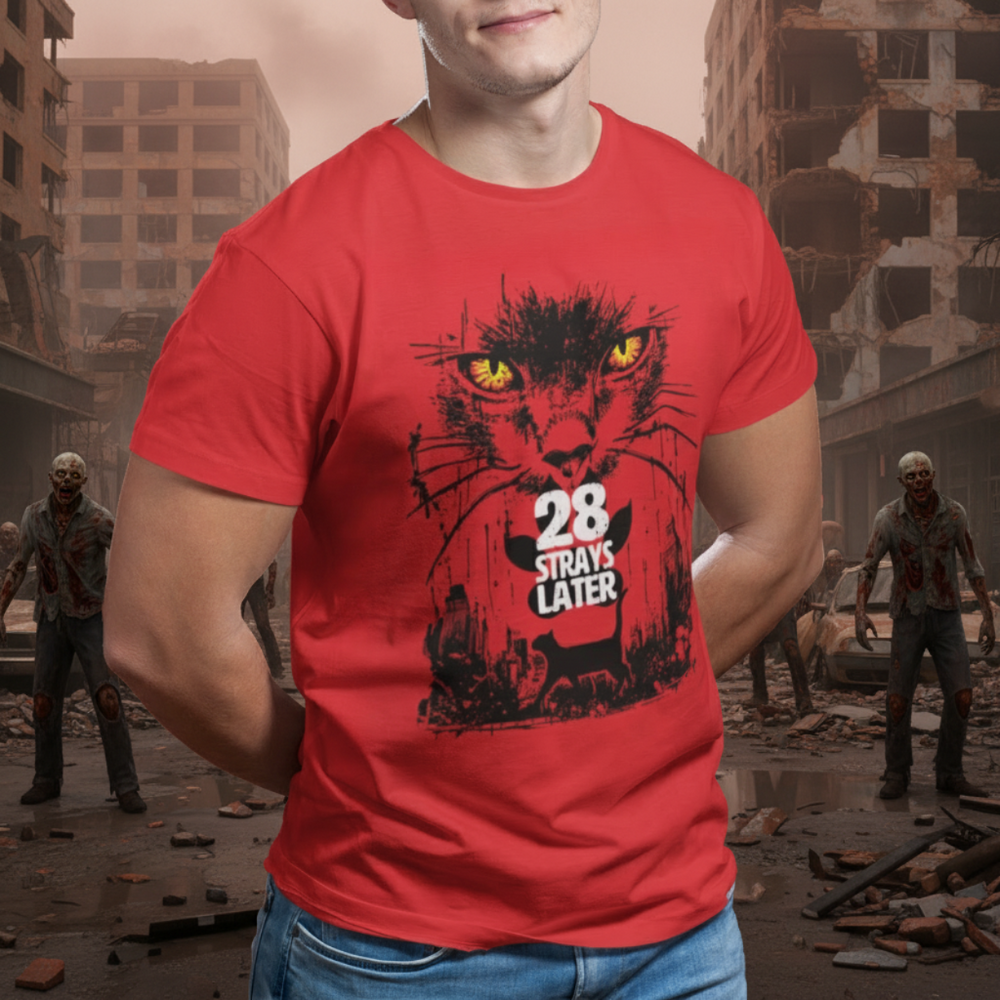 Person wearing a red t-shirt with a graphic of a cat and text '28 Strays Later' in a post-apocalyptic setting.