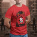 Person wearing a red t-shirt with a graphic of a cat and text '28 Strays Later' in a post-apocalyptic setting.