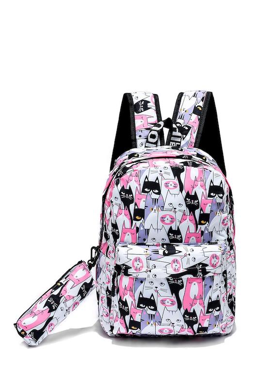 Cat Illustrated Back Pack Ruck Sack with Matching Pencil Case / Phone Holder