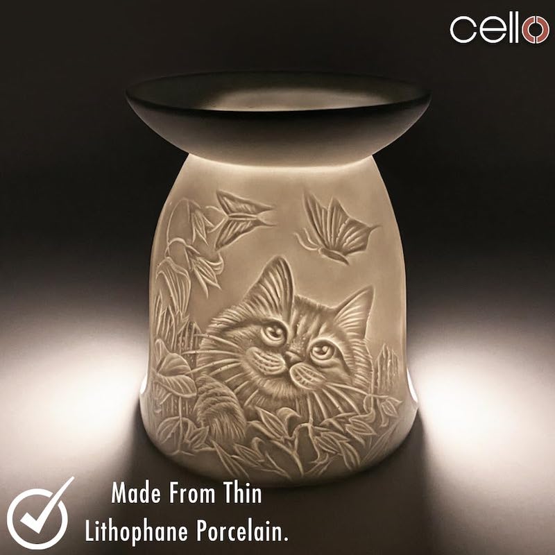 Porcelain Cat & Butterflies Tealight Burner