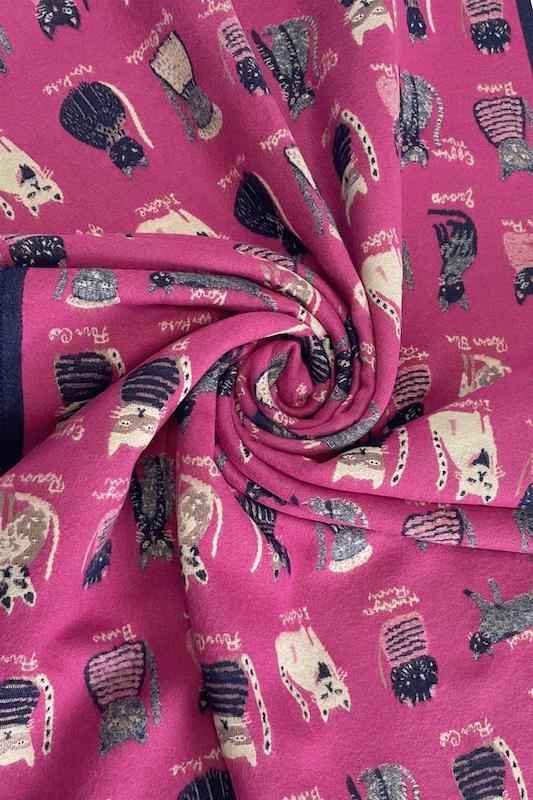 Thick Soft Cat Print Reversible Frayed Scarf Fuschia