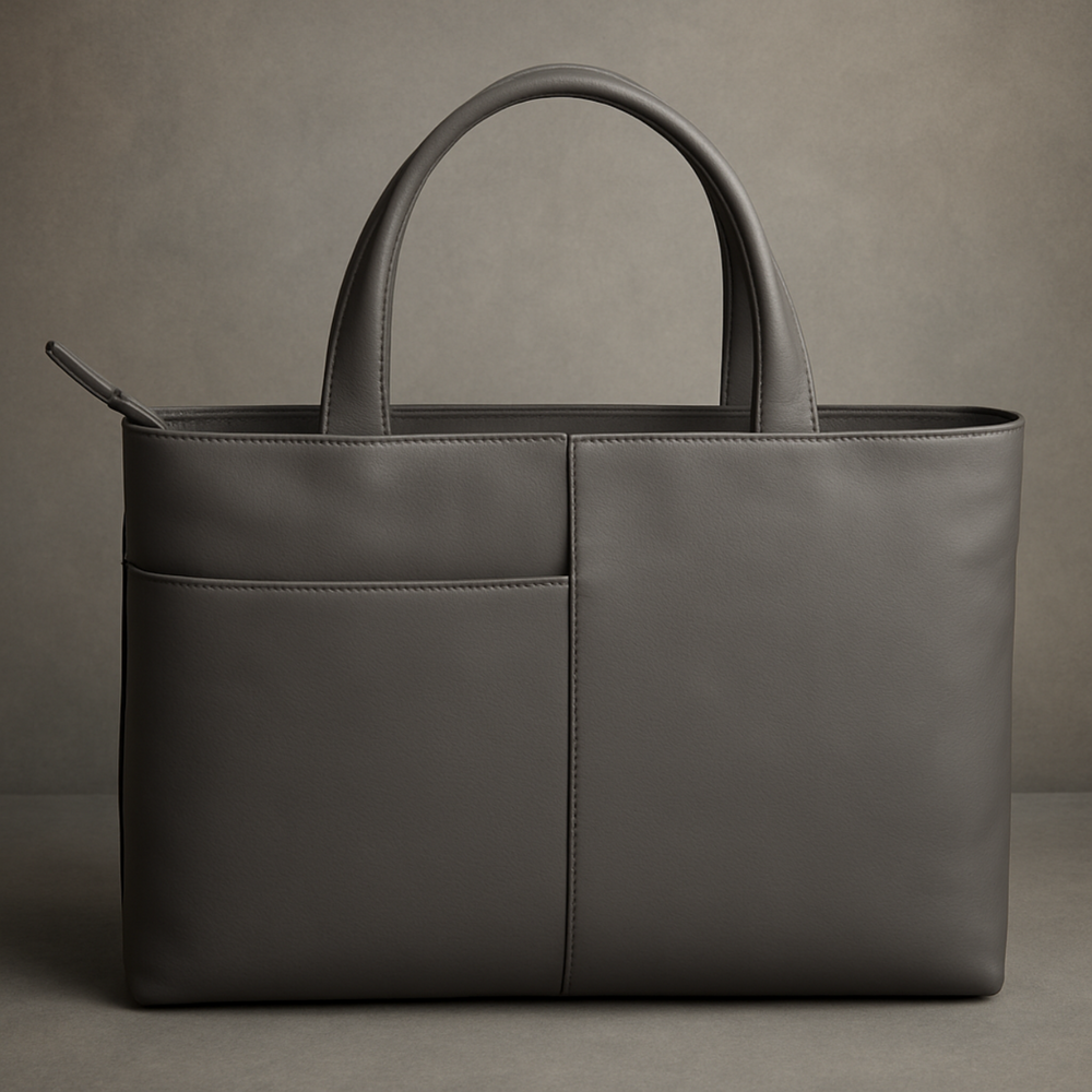Gray leather tote bag on a gray background