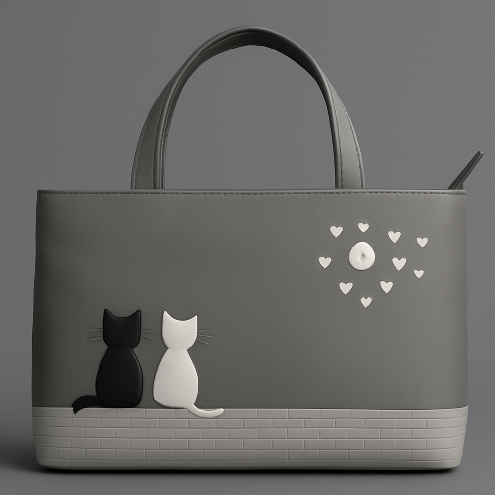 Gray handbag with black and white cat design and heart patterns on a gray background