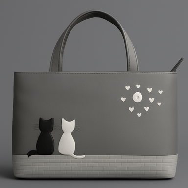 Gray handbag with black and white cat design and heart patterns on a gray background