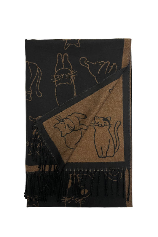 Thick Soft Cat Print Reversible Tasselled Scarf Black and Brown