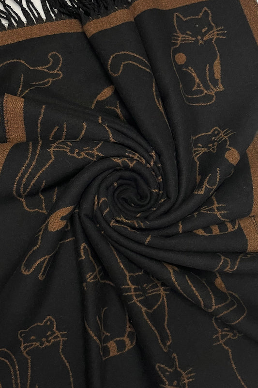 Thick Soft Cat Print Reversible Tasselled Scarf Black and Brown