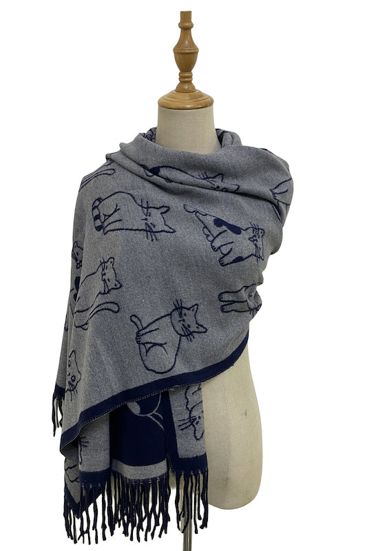 Thick Soft Cat Print Reversible Tasselled Scarf Navy Blue and Grey