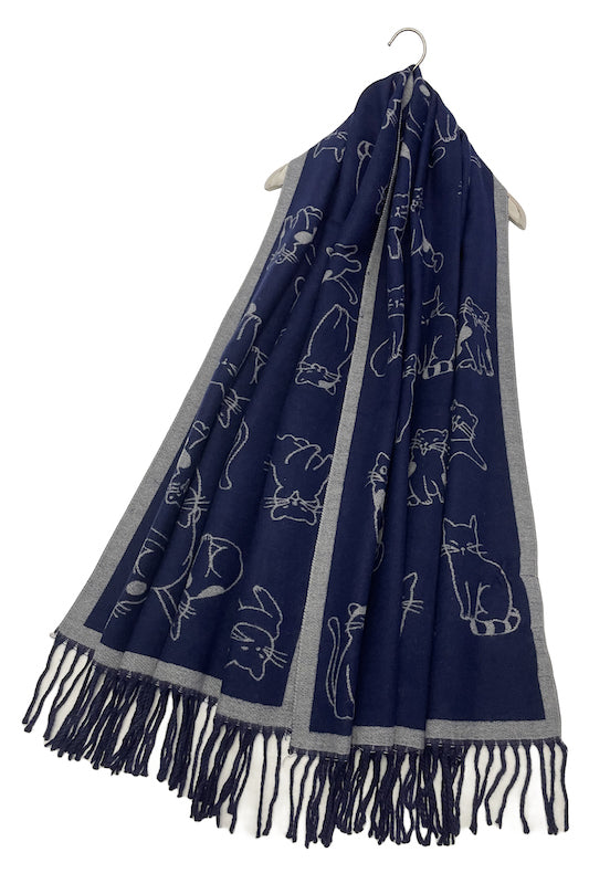 Thick Soft Cat Print Reversible Tasselled Scarf Navy Blue and Grey