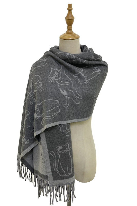 Thick Soft Cat Print Reversible Tasselled Scarf Grey