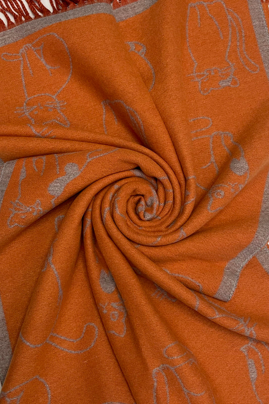 Thick Soft Cat Print Reversible Tasselled Scarf Orange