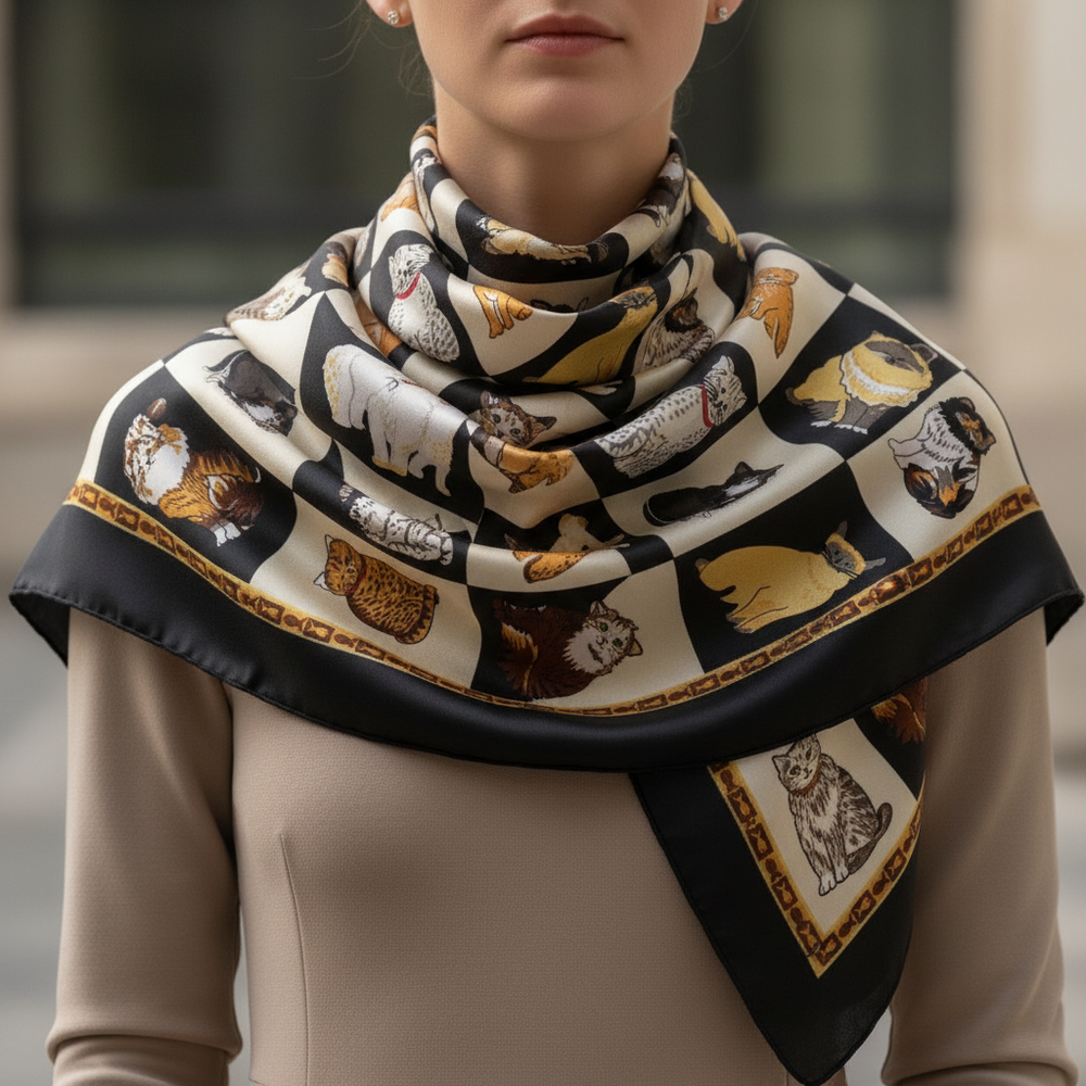 Foldable clutch with cat pattern on a white background