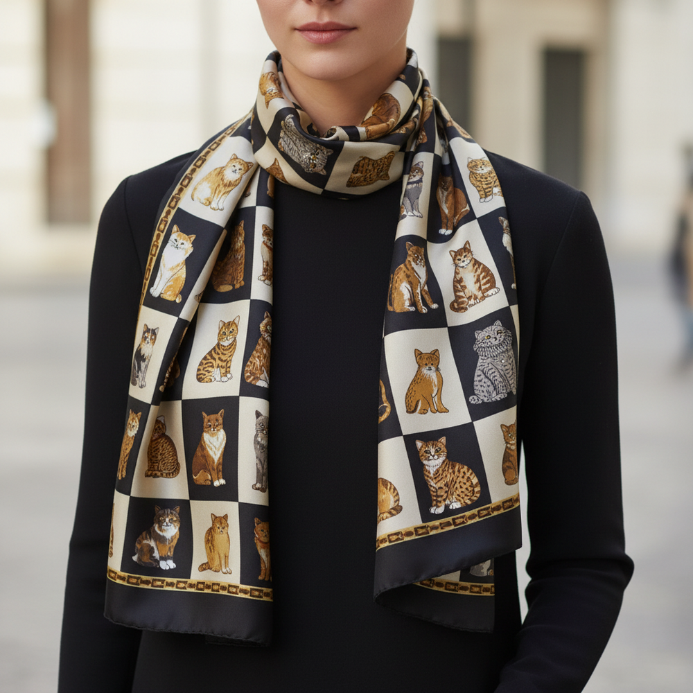 Black Cat Illustrated Chiffon Feel Soft Lightweight Ladies Scarf