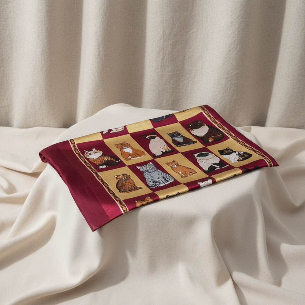 Fabric with cat illustrations on a checkered pattern