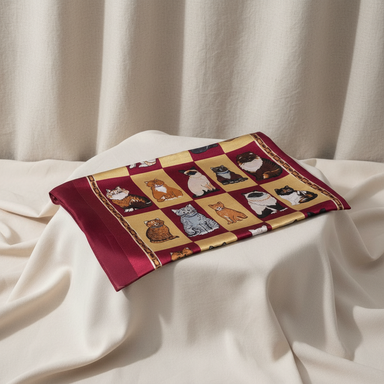 Fabric with cat illustrations on a checkered pattern