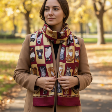 Fabric with cat illustrations on a checkered pattern