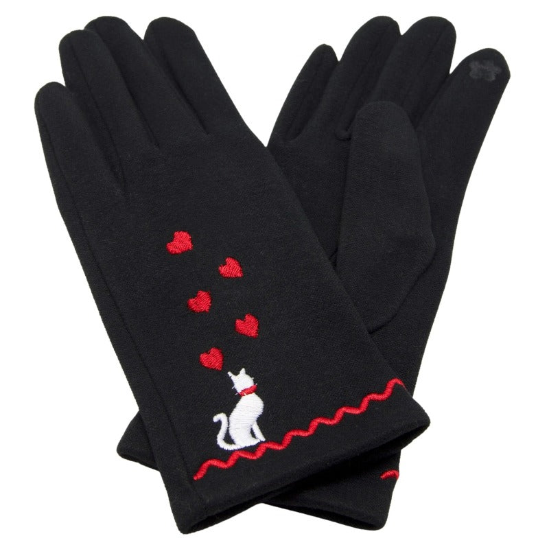 Soft Feel Set of Cat Design Black Ladies Gloves and Scarf - Gift Set for Her