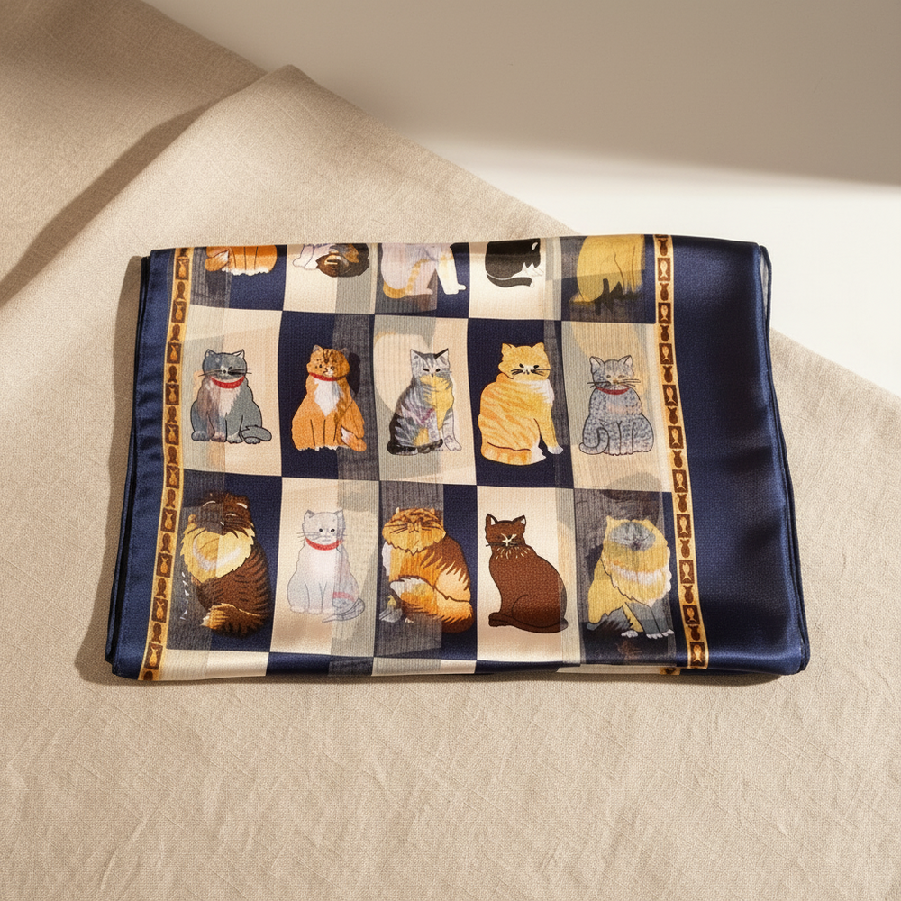 Silk scarf with cat pattern on a white background