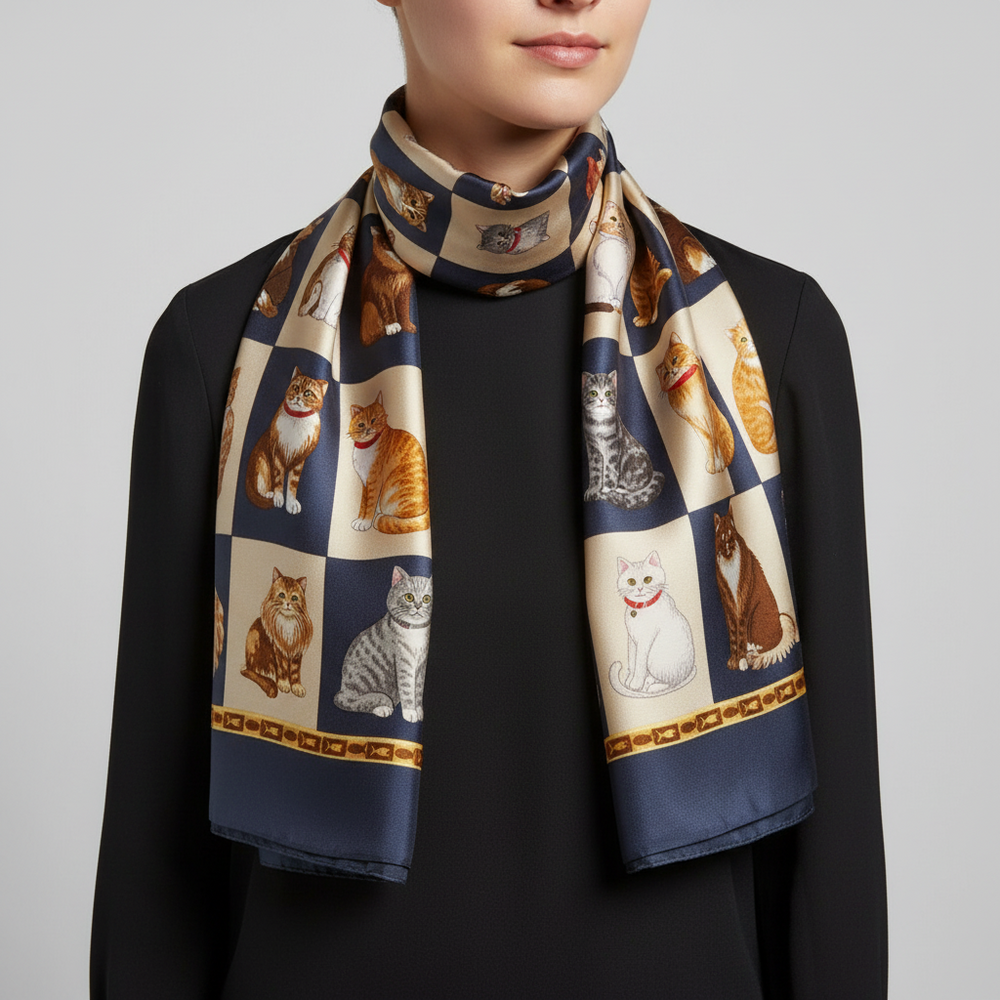 Silk scarf with cat pattern on a white background