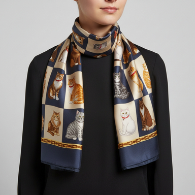 Silk scarf with cat pattern on a white background