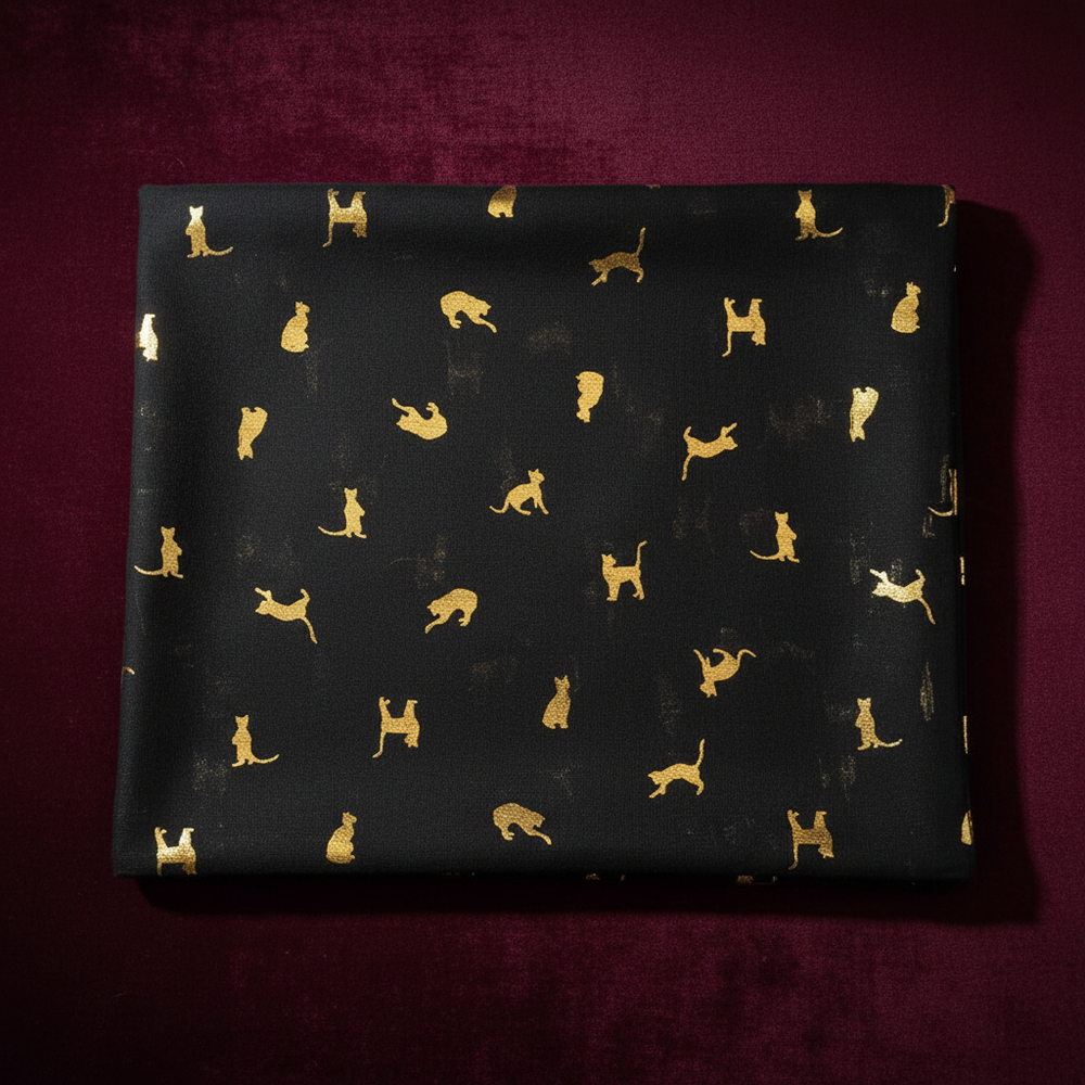 Black fabric with gold cat pattern on a dark red background