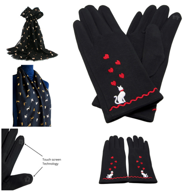 Soft Feel Set of Cat Design Black Ladies Gloves and Scarf - Gift Set for Her