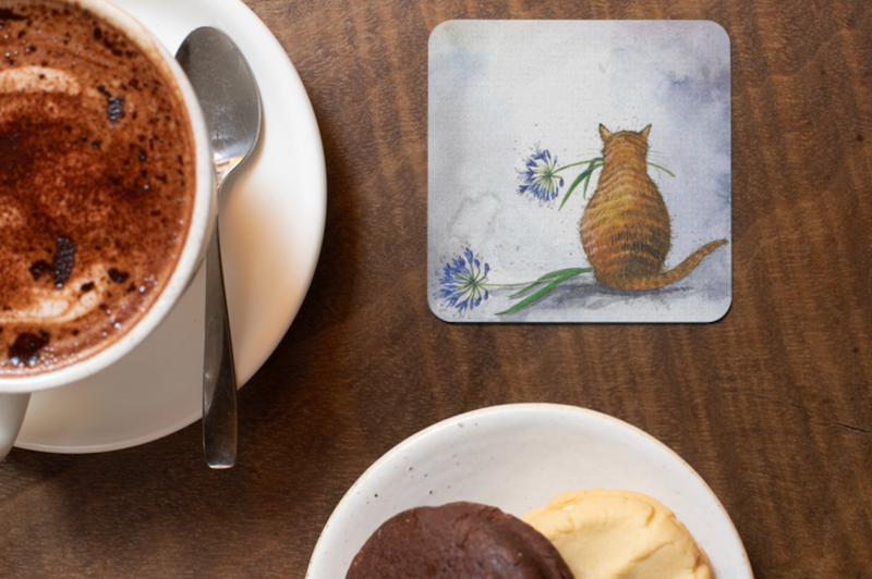 Set of 2 Cat and Agapanthus Coasters