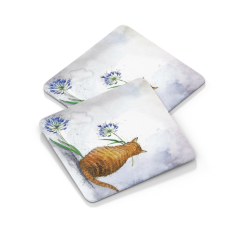Set of 2 Cat and Agapanthus Coasters