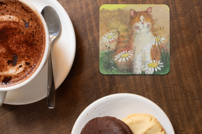 Set of 2 Cat & Daisies Coasters