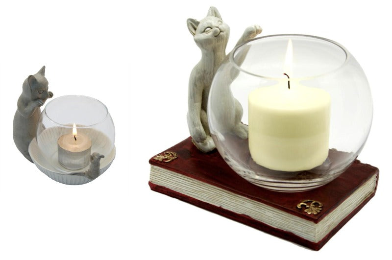 Cat and Mouse Tea Light Holder and Cat and Book Candle Holder Gift Set