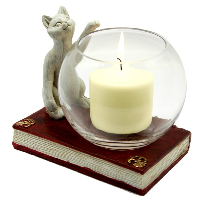 Cat and Mouse Tea Light Holder and Cat and Book Candle Holder Gift Set