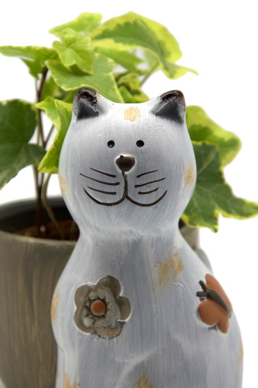 Set of Planters - Silhouette Metal Black Cat Planter & Basket - Small Ceramic Cat Planter - Gift Set