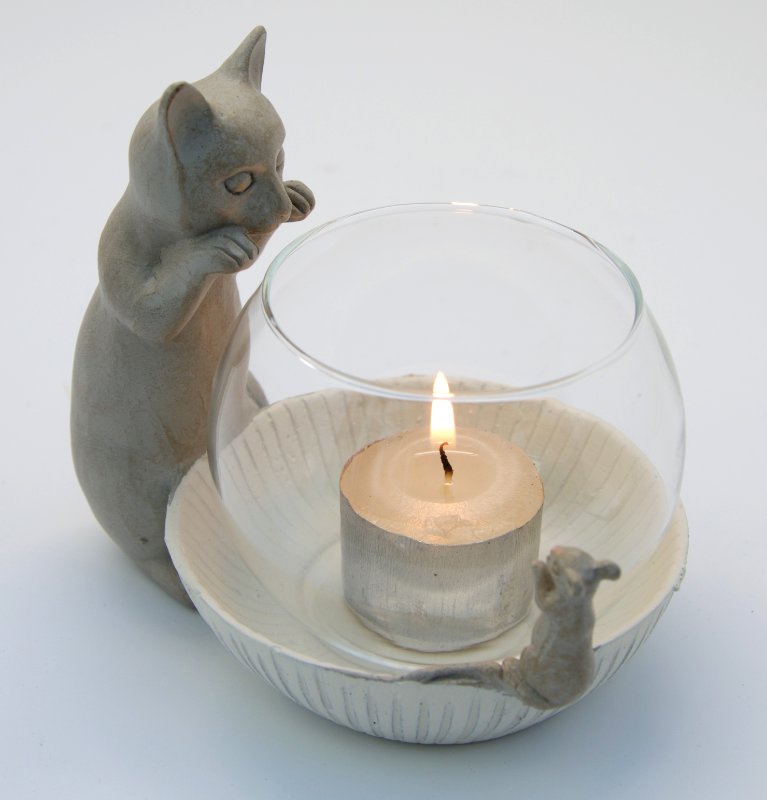 Cat and Mouse Tea Light Holder and Cat and Book Candle Holder - Gift Set