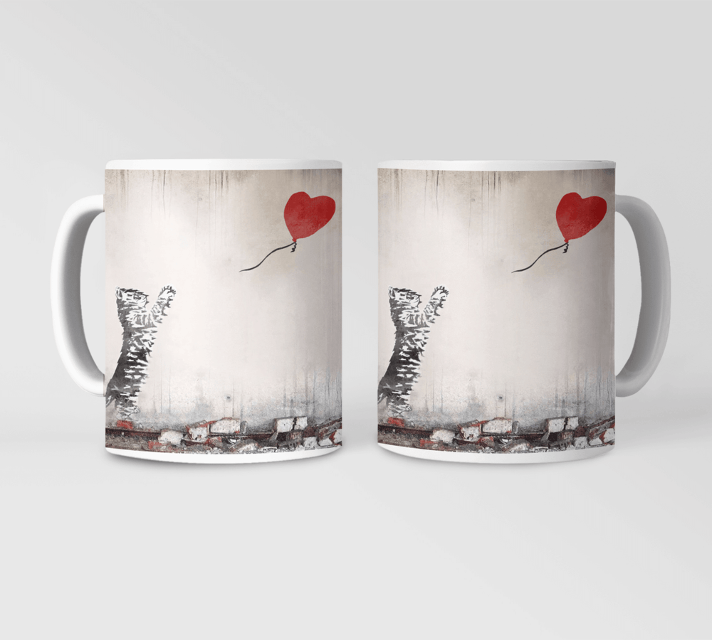 Banksy Style Cat with Balloon Mug with Matching Tea Towel and Card - Great Gift Set
