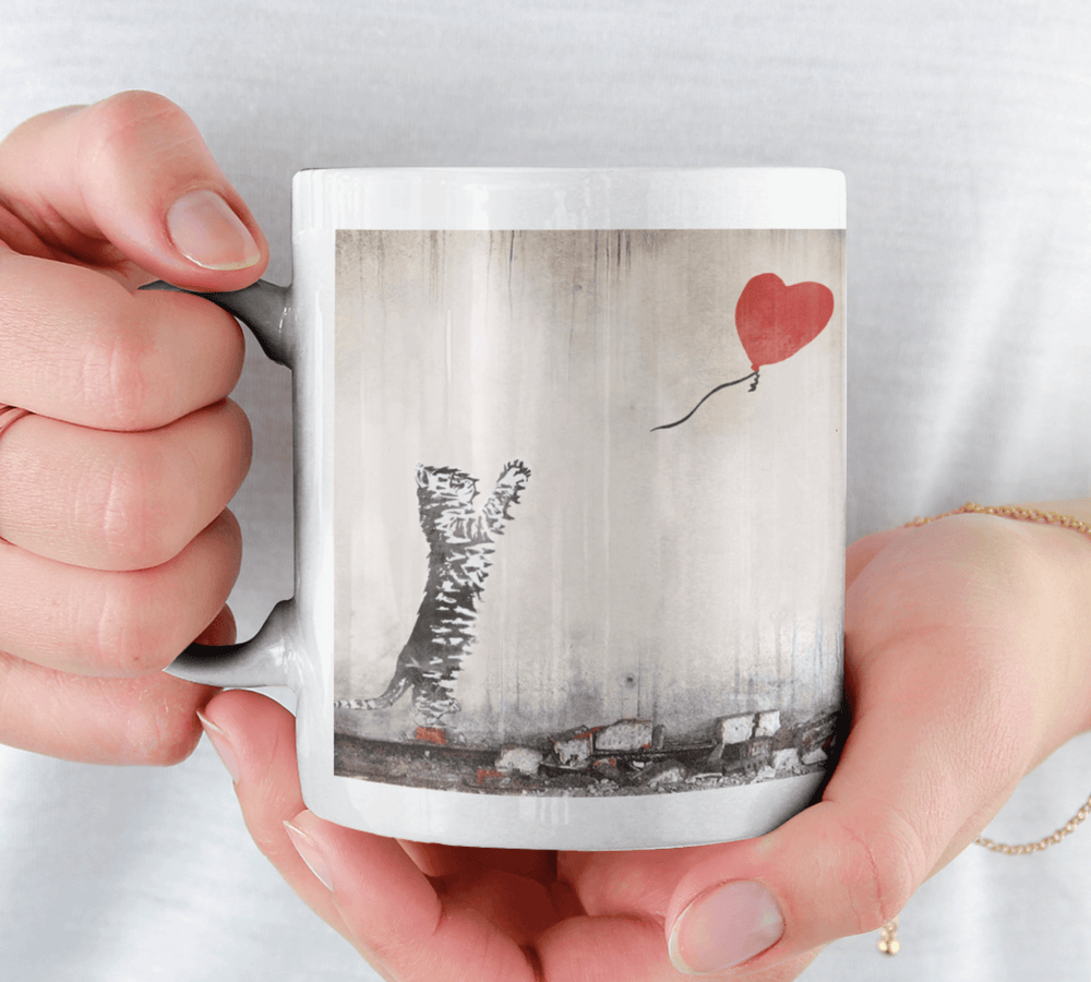 Banksy Style Cat with Balloon Mug with Matching Tea Towel and Card - Great Gift Set