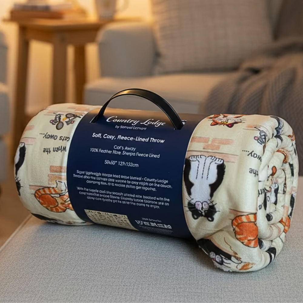 When the Cat’s Away Fleece-Lined Blanket – Cosy Cat Print Throw
