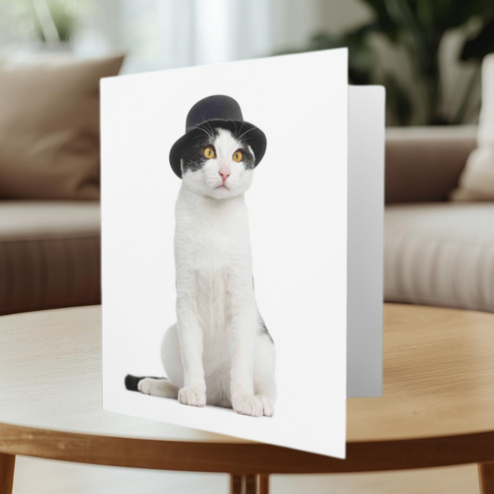 Card with a cat wearing a black top hat on a blurred indoor background