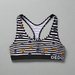 A sports bralette with a striped pattern featuring various cartoon cats and the brand name 'DEDOS' on the bottom right.
