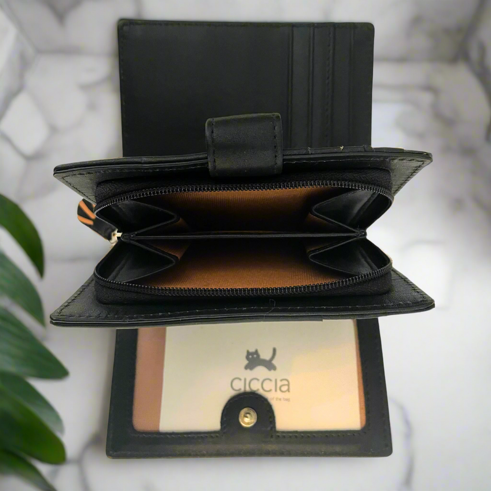 Ciccia Catsanova Leather Flap Purse – Brown Cat & Heart Design