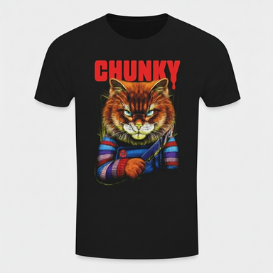 Black t-shirt with a graphic of a cat holding a knife and the word 'Chunky' on a white background.