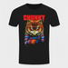 Black t-shirt with a graphic of a cat holding a knife and the word 'Chunky' on a white background.