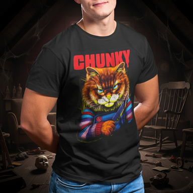 Person wearing a black t-shirt with a colorful cat graphic and 'Chunky' text in a dark, somewhat cluttered room.