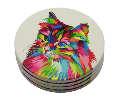 Set of 4 Ceramic Round Rainbow Cat Coasters