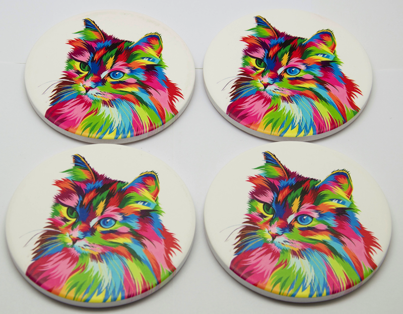 Set of 4 Ceramic Round Rainbow Cat Coasters