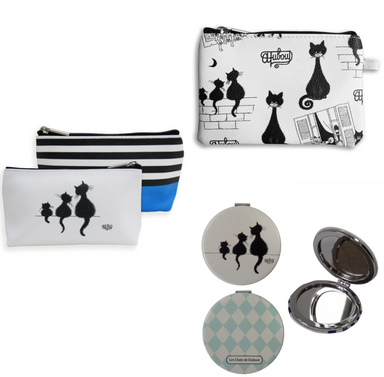 Dubout Cats Collection Gift Set Make up Bag, Mirror and Matching Purse Black and White